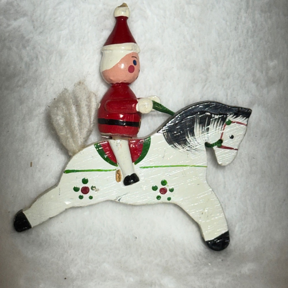 Vintage Santa on Rocking Horse Ornament Hand Painted Wood Christmas Decor White